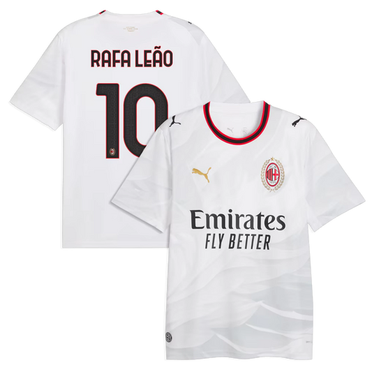 Front and back view of AC Milan 2026-2027 away white replica jersey featuring Rafael Leão by Final Third Kit