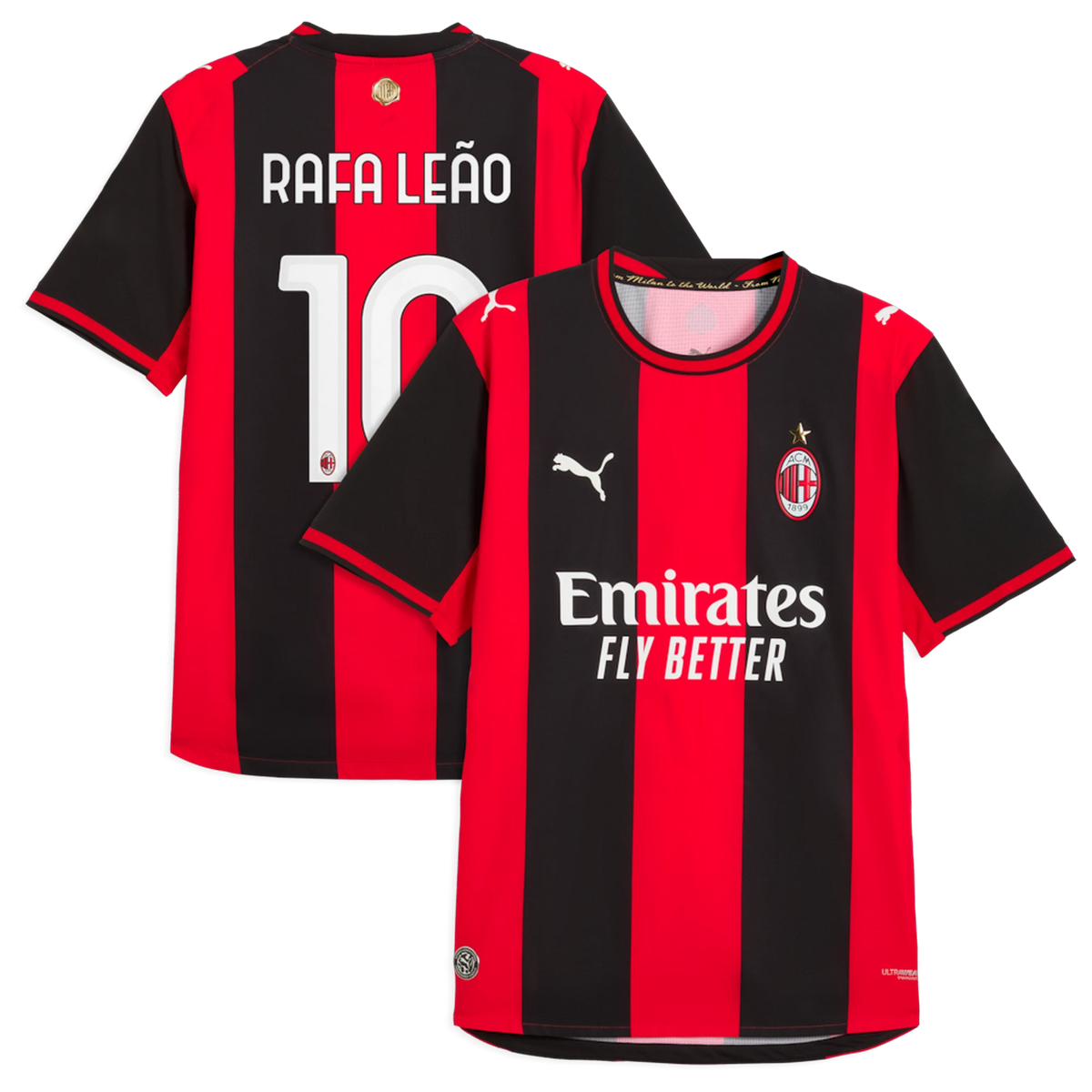Front and back view of AC Milan 2026-2027 home black and red on-field authentic jersey featuring Rafael Leão by Final Third Kit