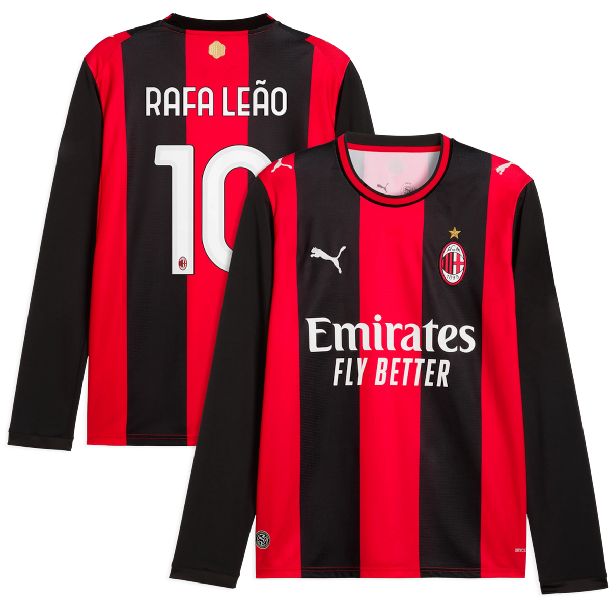 Front and back view of AC Milan 2026-2027 home black and red replica long sleeve jersey featuring Rafael Leão by Final Third Kit