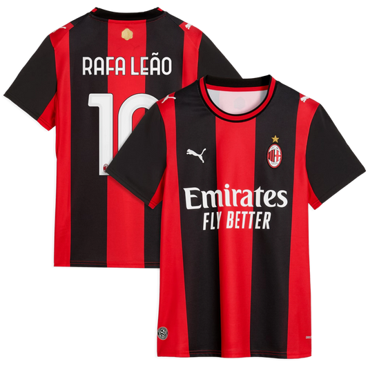 Front and back view of women's AC Milan 2026-2027 home black and red replica jersey featuring Rafael Leão by Final Third Kit