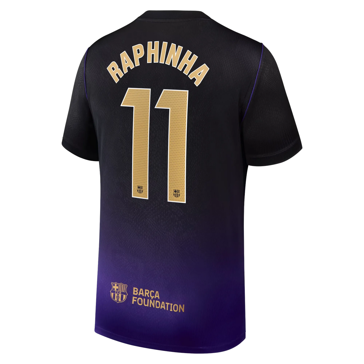 Back view of men's Barcelona 2026-2027 away purple stadium replica football shirt with Raphinha name and number 11 printing by Final Third Kit