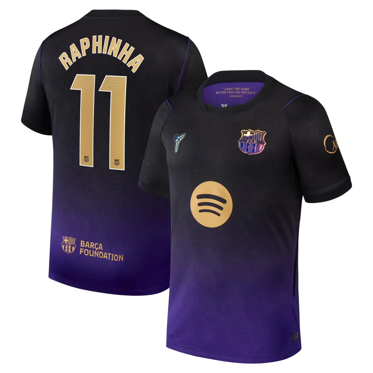 Front and back view of men's Barcelona 2026-2027 away purple stadium replica jersey featuring Raphinha by Final Third Kit
