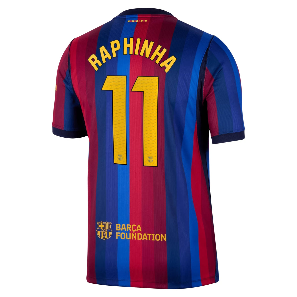 Back view of men's Barcelona 2026-2027 home red stadium replica football shirt with Raphinha name and number 11 printing by Final Third Kit