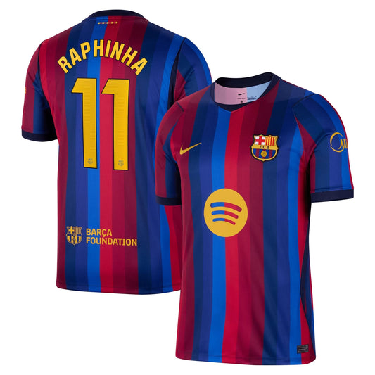 Front and back view of men's Barcelona 2026-2027 home red stadium replica jersey featuring Raphinha by Final Third Kit