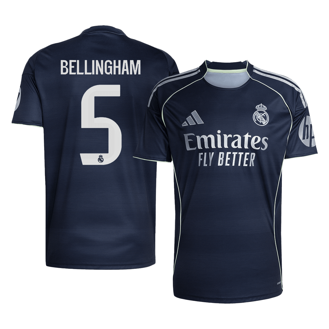 Real Madrid 2025/26 away replica jersey front and back combined view with Jude Bellingham 5 on back, dark navy design with orange and gold accents on front