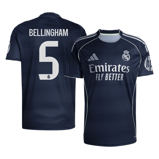 Real Madrid 2025/26 away replica jersey front and back combined view with Jude Bellingham 5 on back, dark navy design with orange and gold accents on front
