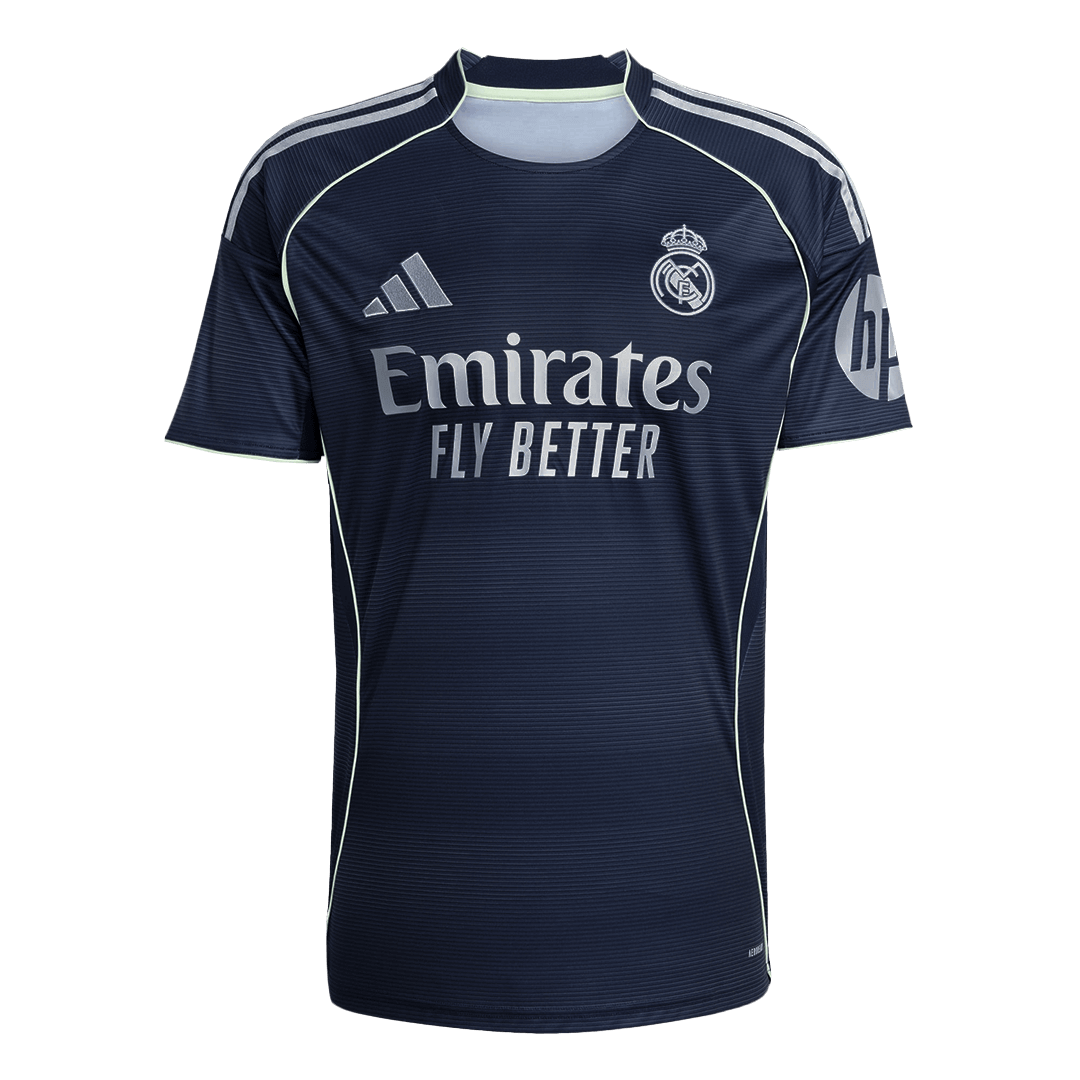 Flat lay of Real Madrid away replica jersey front with Bellingham 5 and club crest