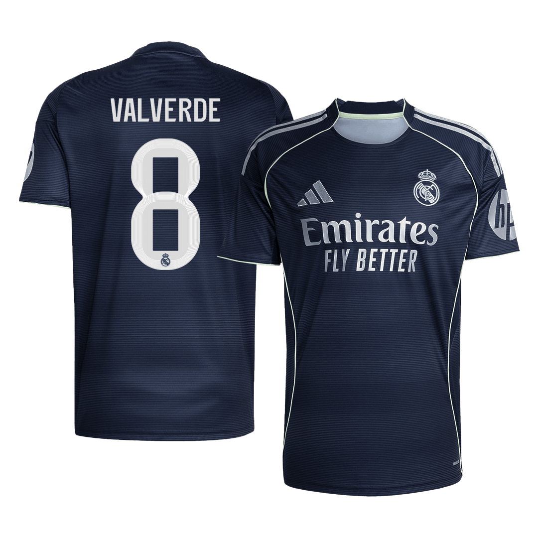 Real Madrid 2025/26 away replica jersey front and back combined view with Federico Valverde 8 and dark navy design with orange accents