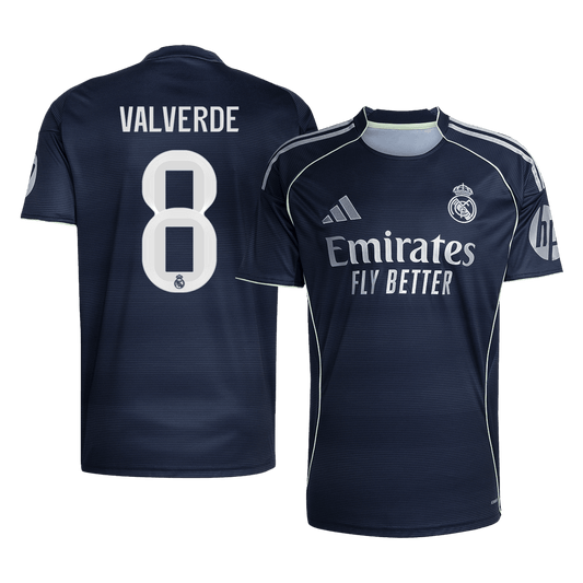 Real Madrid 2025/26 away replica jersey front and back combined view with Federico Valverde 8 and dark navy design with orange accents