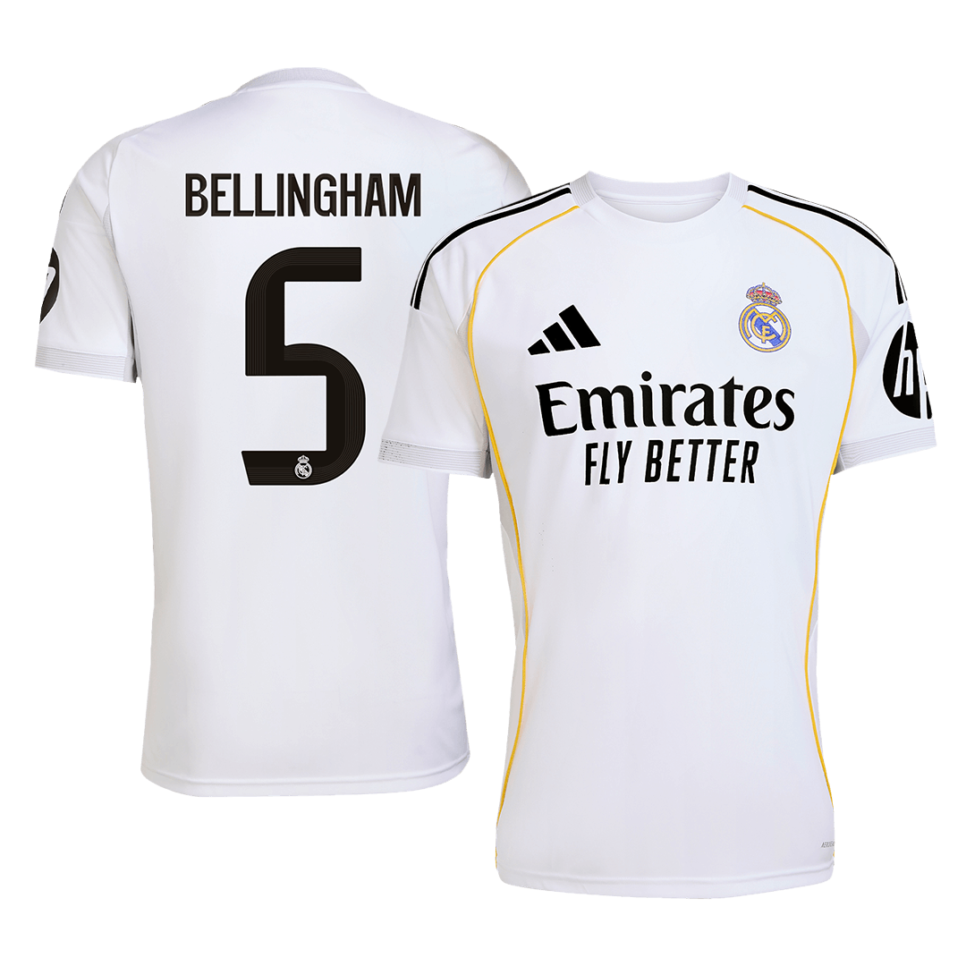Real Madrid 2025/26 home replica jersey front and back combined view with Jude Bellingham 5 and classic white design with gold accents
