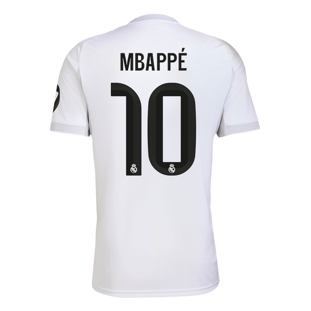 Back view of men's Real Madrid 2025-2026 home white stadium replica football shirt with Kylian Mbappé name and number 10 printing by Final Third Kit