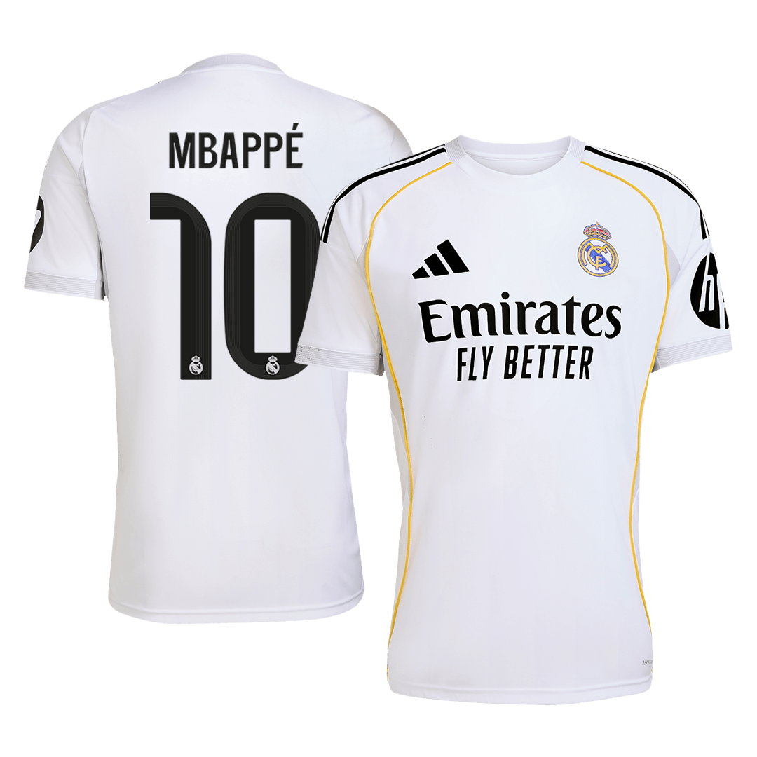 Real Madrid 2025/26 home replica jersey front and back combined view with Kylian Mbappé 10 on back, classic white design with gold and navy accents on front