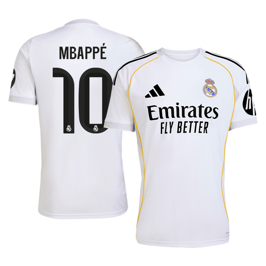 Real Madrid 2025/26 home replica jersey front and back combined view with Kylian Mbappé 10 on back, classic white design with gold and navy accents on front