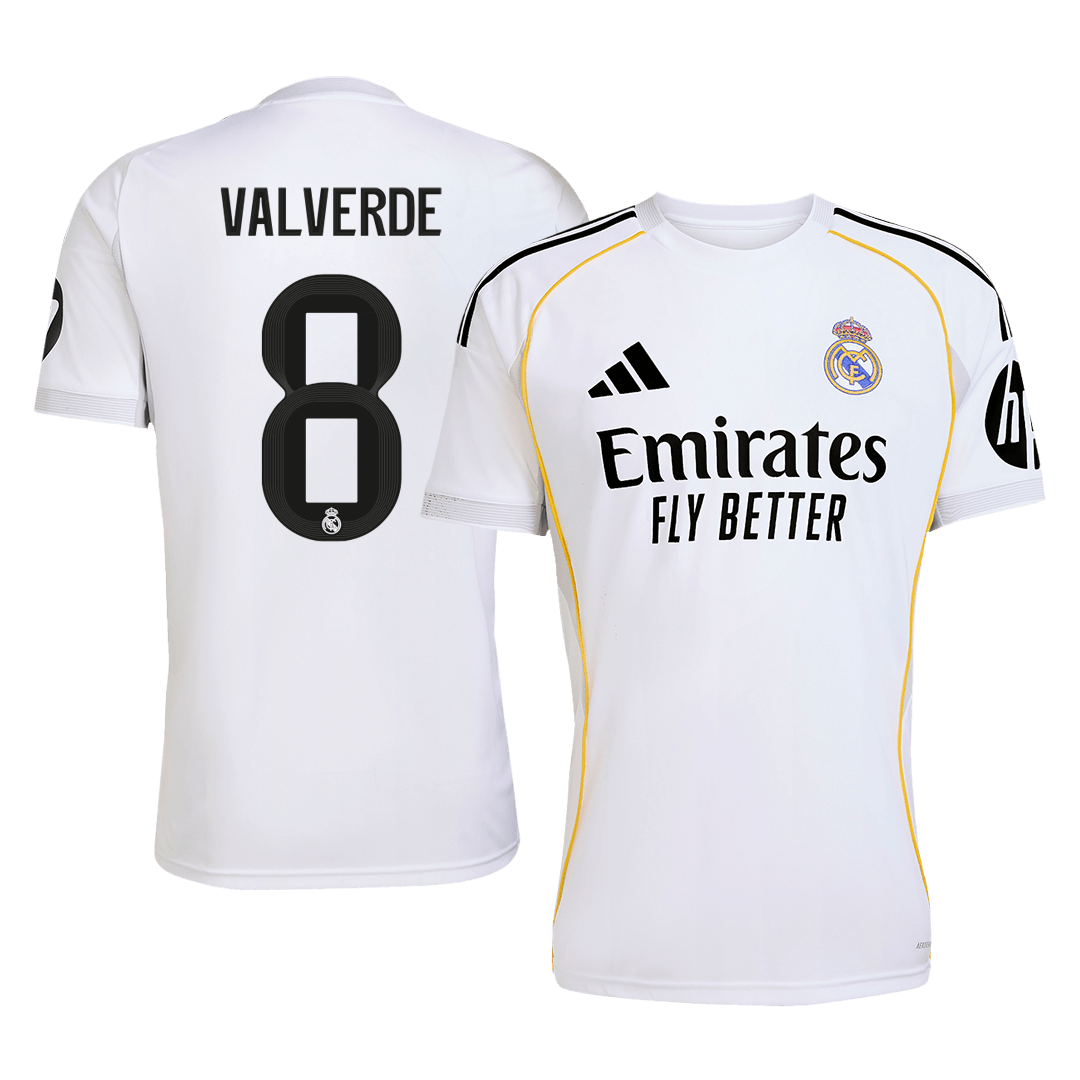 Real Madrid 2025/26 home replica jersey front and back combined view with Federico Valverde 8 and classic white design with gold accents