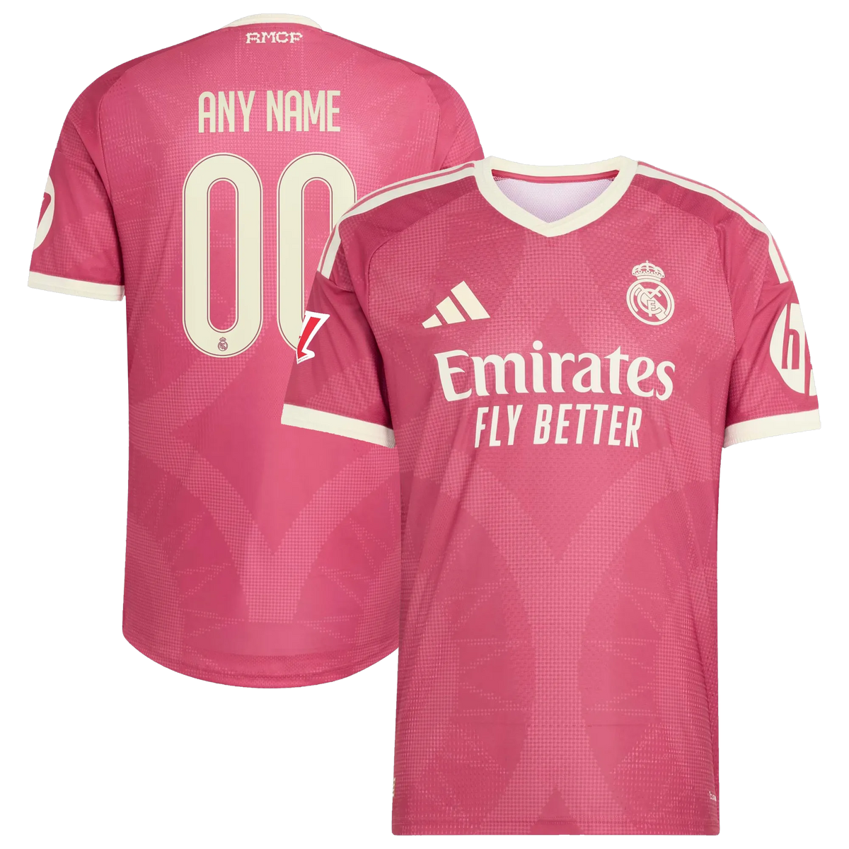 Front and back view of Real Madrid 2026-2027 third pink on-field authentic custom jersey by Final Third Kit