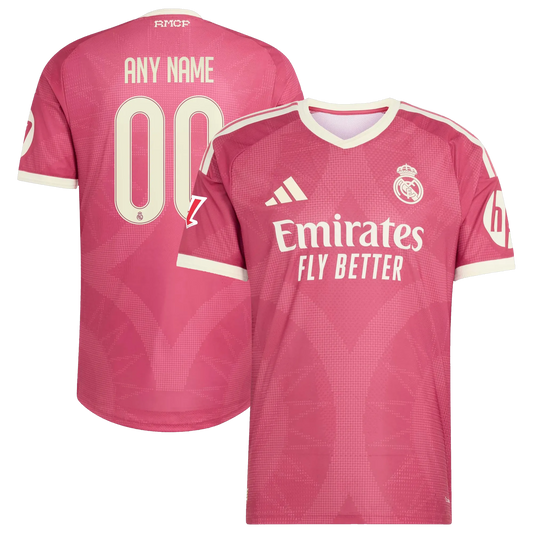 Front and back view of Real Madrid 2026-2027 third pink on-field authentic custom jersey by Final Third Kit