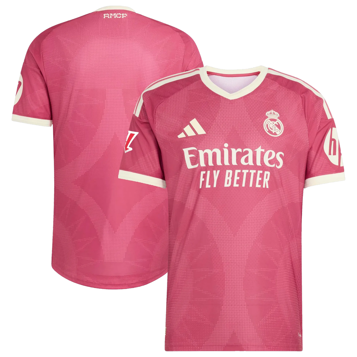 Front and back view of Real Madrid 2026-2027 third pink on-field authentic patch jersey by Final Third Kit