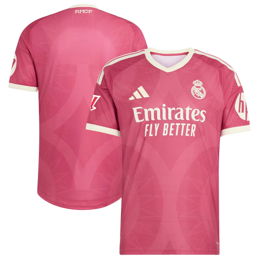 Front and back view of Real Madrid 2026-2027 third pink on-field authentic patch jersey by Final Third Kit