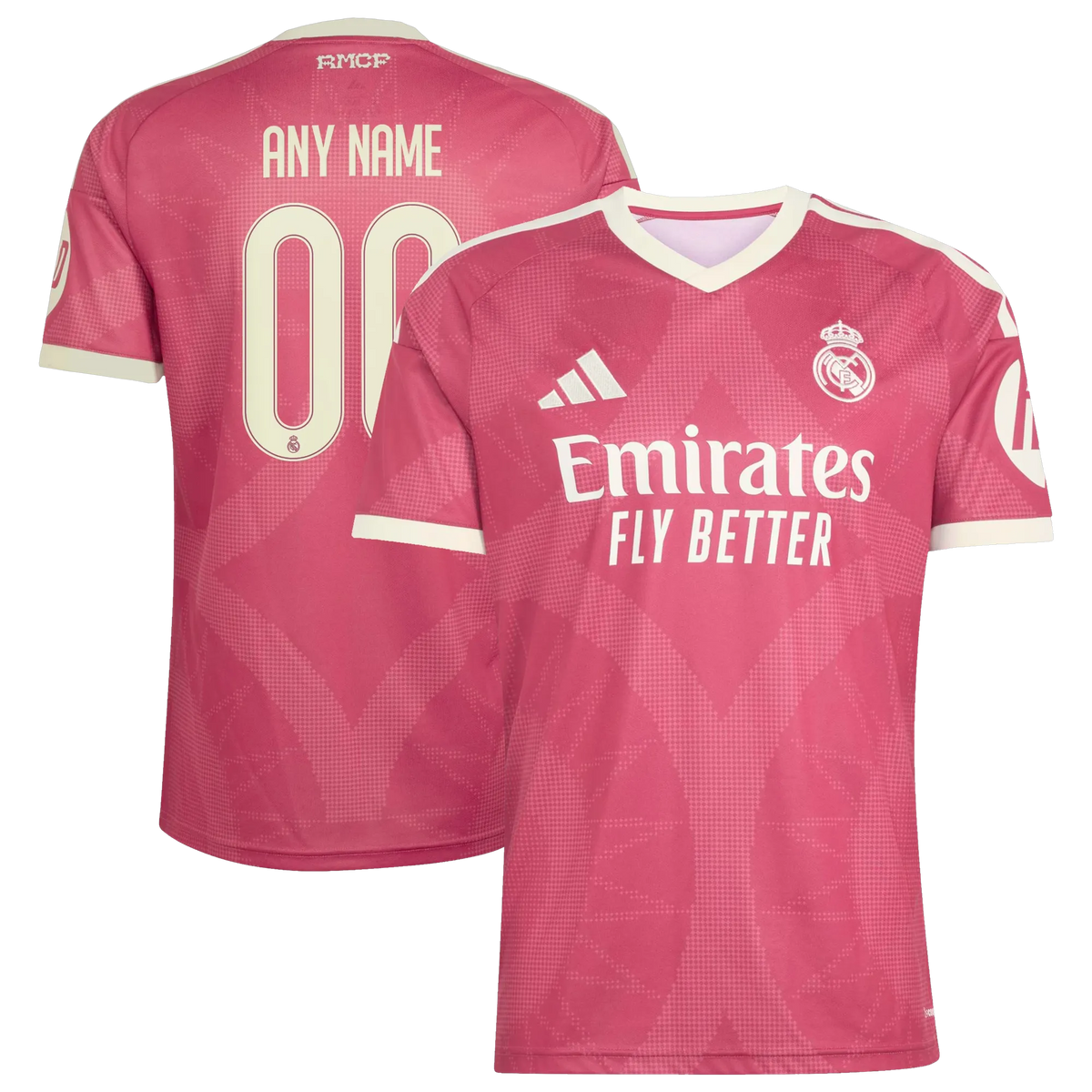 Front and back view of Real Madrid 2026-2027 third pink replica custom jersey by Final Third Kit