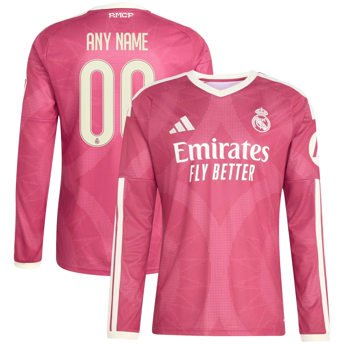 Front and back view of Real Madrid 2026-2027 third pink replica long sleeve jersey by Final Third Kit
