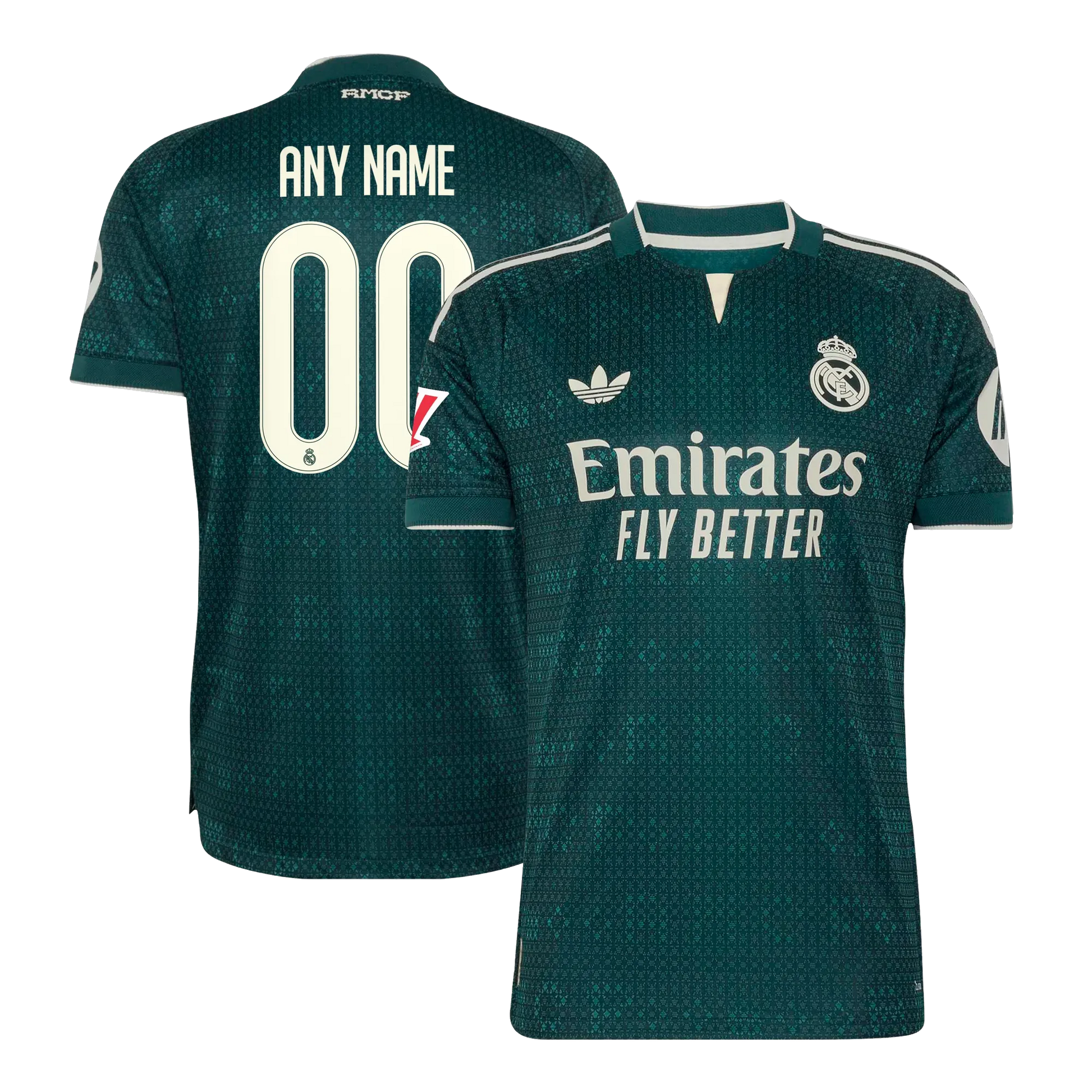 Front and back view of men's Real Madrid 2026-2027 away green on-field authentic jersey featuring custom name and number by Final Third Kit