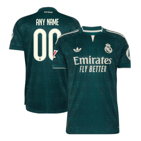 Front and back view of men's Real Madrid 2026-2027 away green on-field authentic jersey featuring custom name and number by Final Third Kit