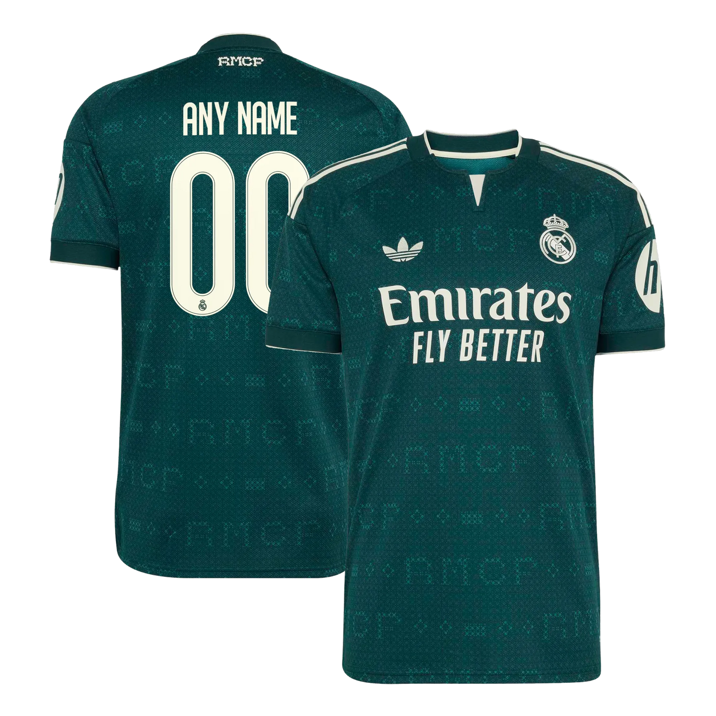 Front and back view of men's Real Madrid 2026-2027 away green stadium replica jersey featuring custom name and number by Final Third Kit