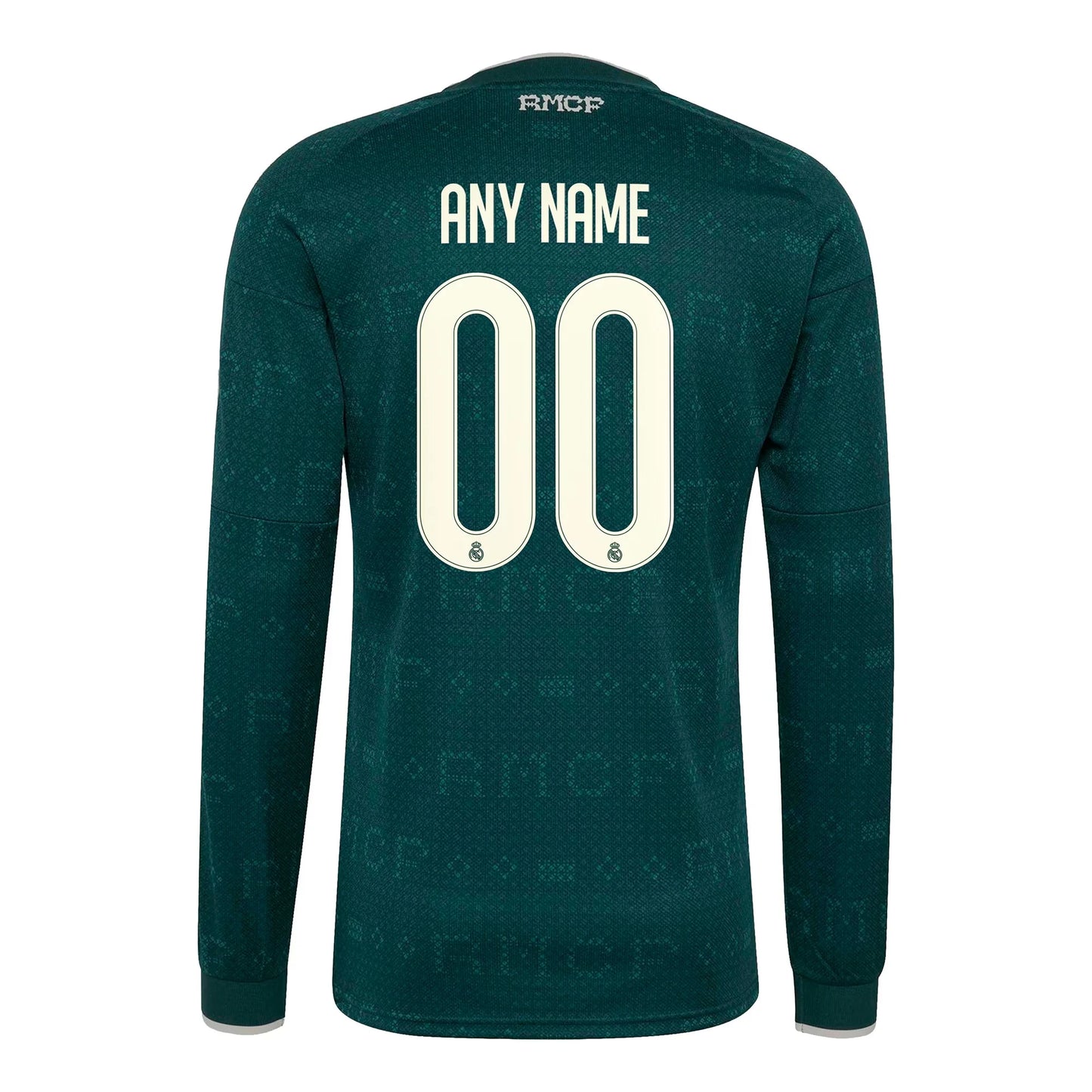 Back view of men's Real Madrid 2026-2027 away green long sleeve football shirt with custom name and number printing by Final Third Kit
