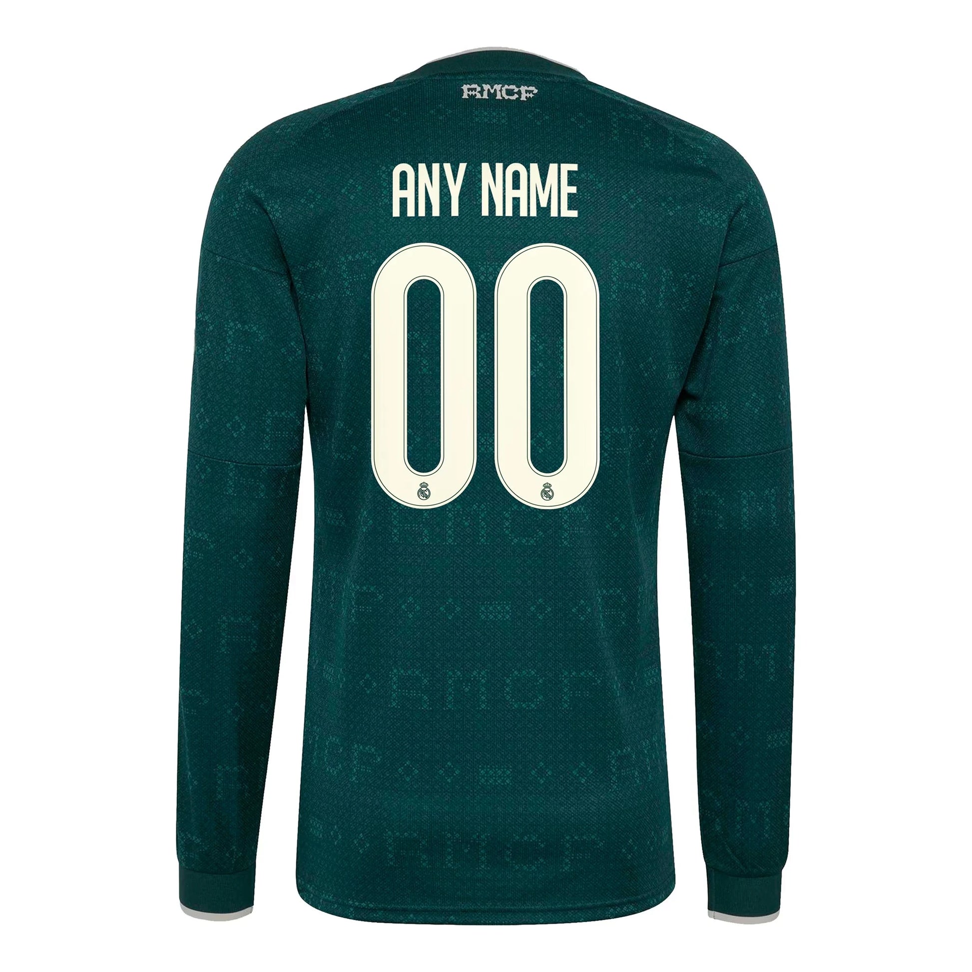 Back view of men's Real Madrid 2026-2027 away green long sleeve football shirt with custom name and number printing by Final Third Kit