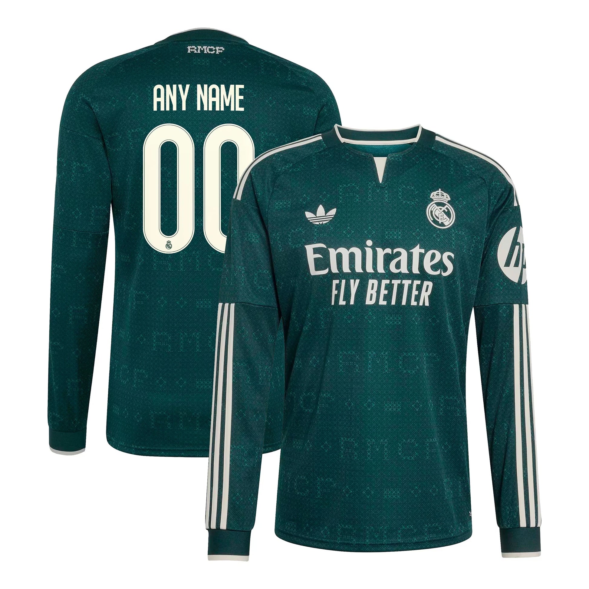 Front and back view of men's Real Madrid 2026-2027 away green stadium replica long sleeve jersey featuring custom name and number by Final Third Kit