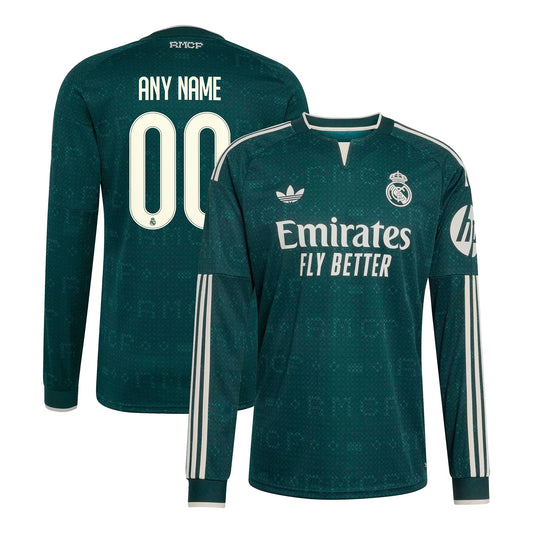 Front and back view of men's Real Madrid 2026-2027 away green stadium replica long sleeve jersey featuring custom name and number by Final Third Kit