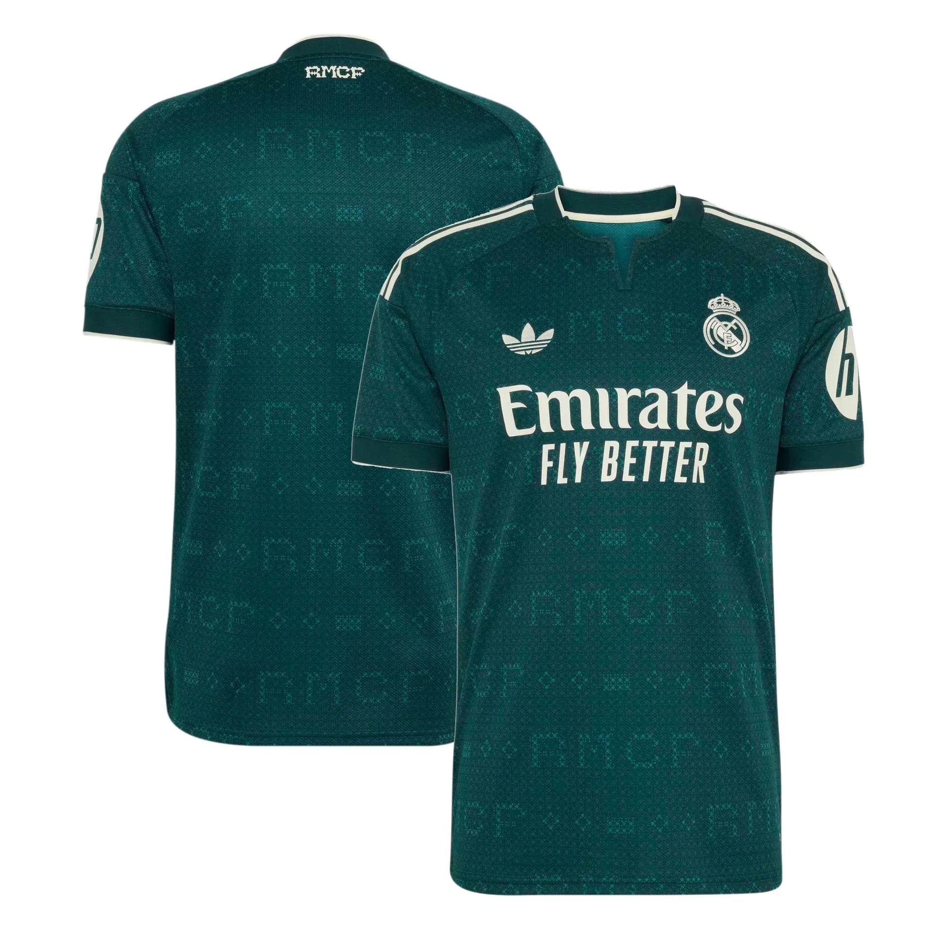 Front and back view of men's Real Madrid 2026-2027 away green stadium replica jersey by Final Third Kit