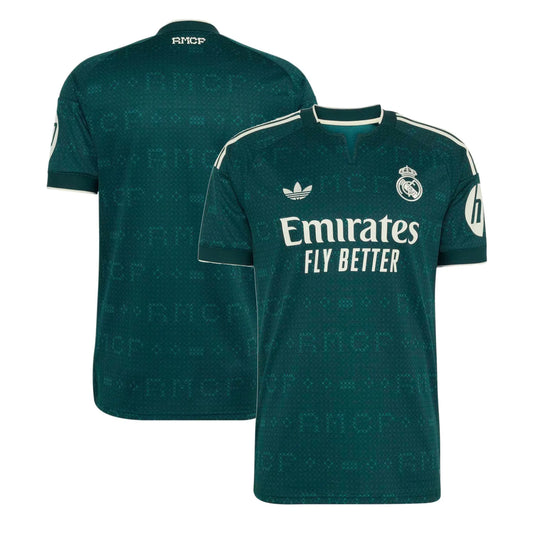 Front and back view of men's Real Madrid 2026-2027 away green stadium replica jersey by Final Third Kit