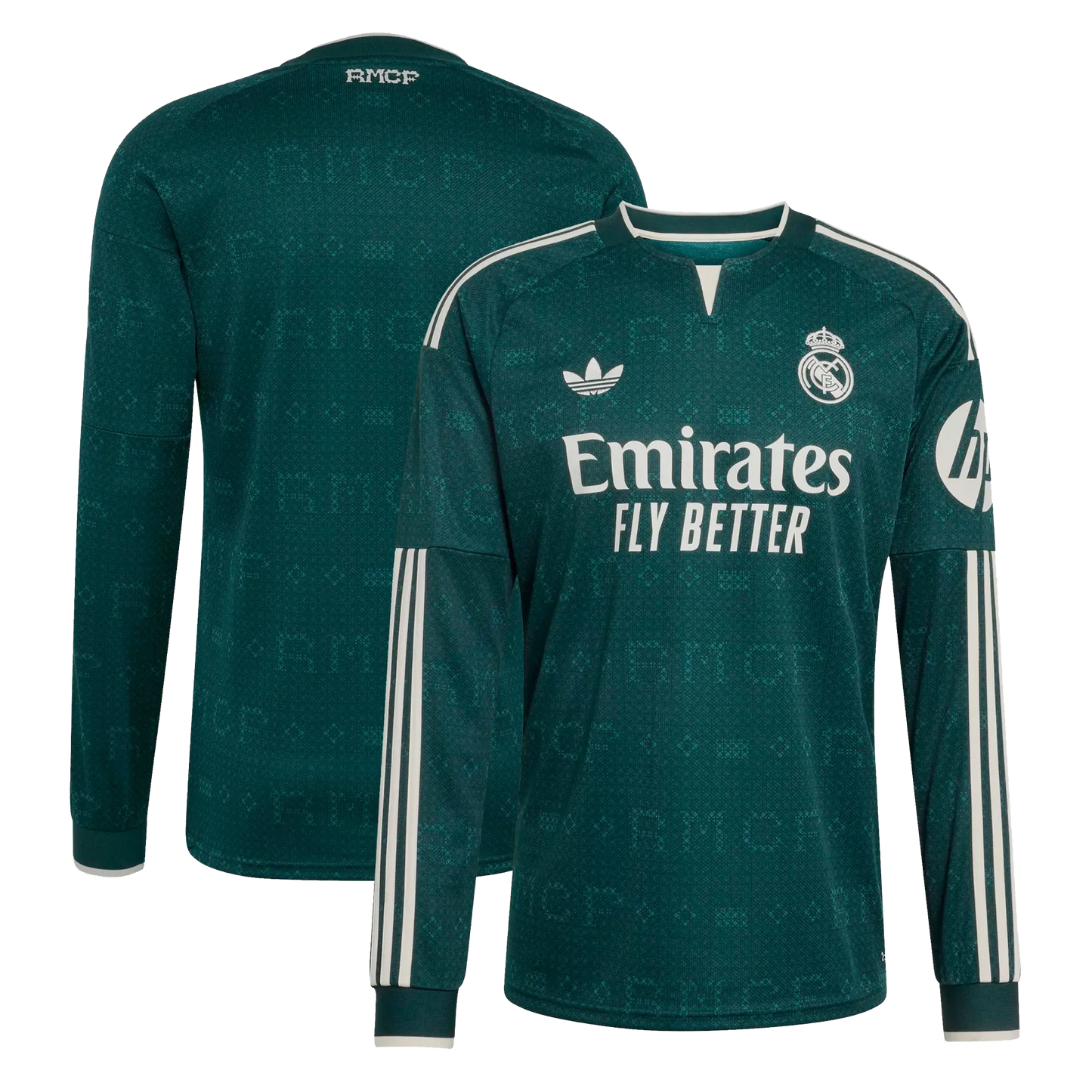 Front and back view of men's Real Madrid 2026-2027 away green stadium replica long sleeve jersey by Final Third Kit