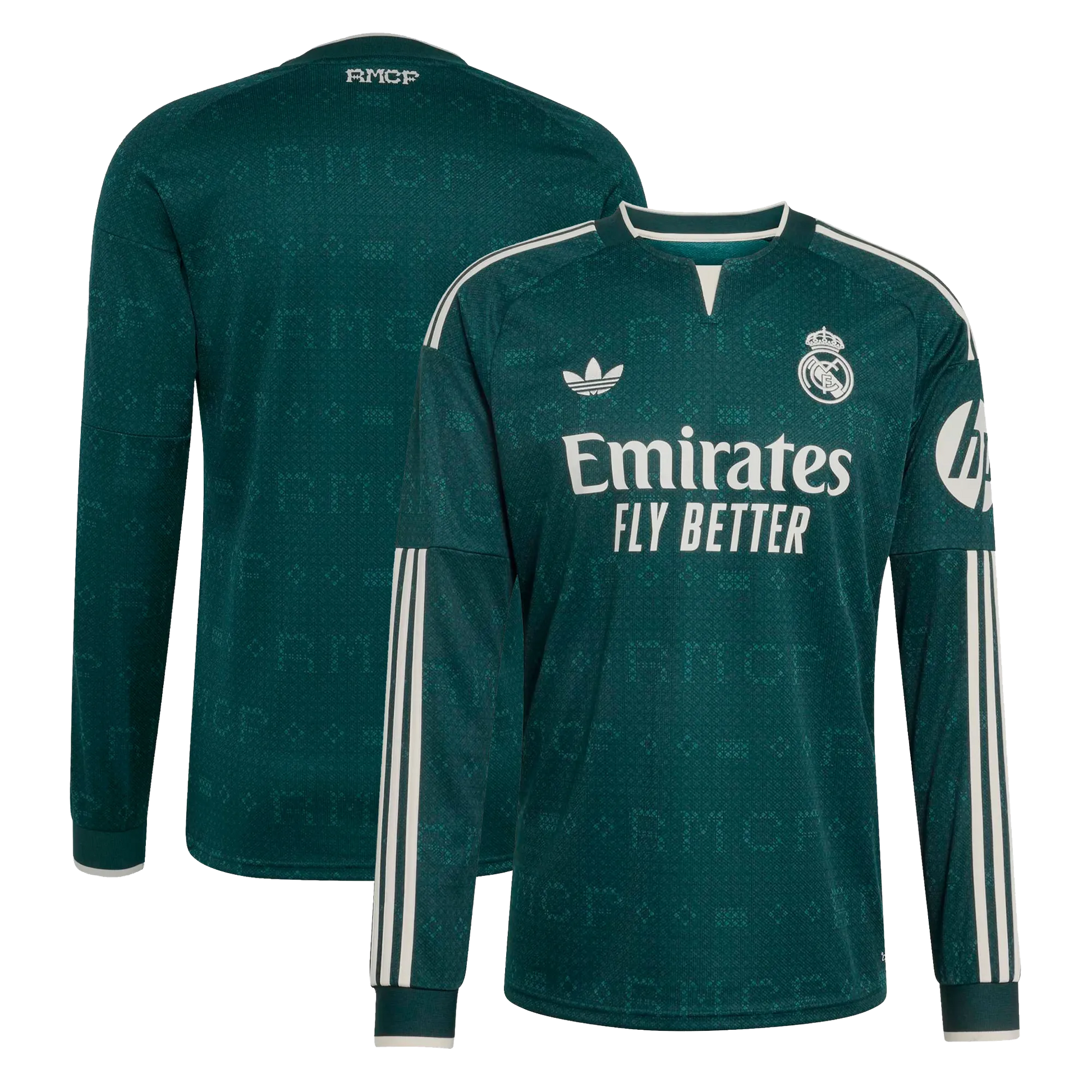 Front and back view of men's Real Madrid 2026-2027 away green stadium replica long sleeve jersey by Final Third Kit