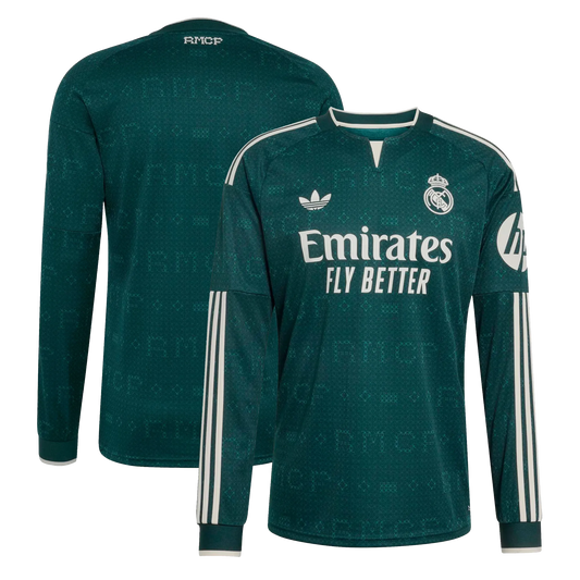 Front and back view of men's Real Madrid 2026-2027 away green stadium replica long sleeve jersey by Final Third Kit