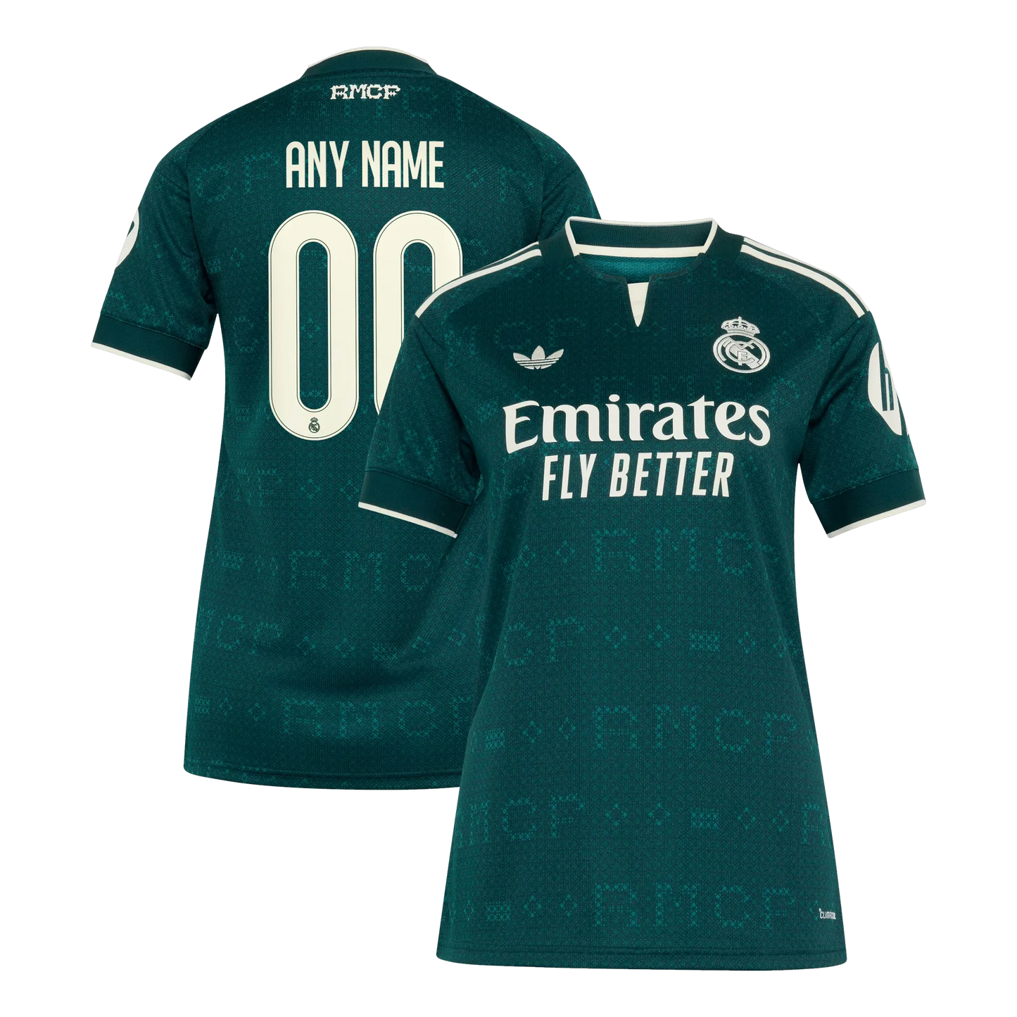 Front and back view of women's Real Madrid 2026-2027 away green stadium replica jersey featuring custom name and number by Final Third Kit