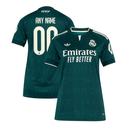 Front and back view of women's Real Madrid 2026-2027 away green stadium replica jersey featuring custom name and number by Final Third Kit