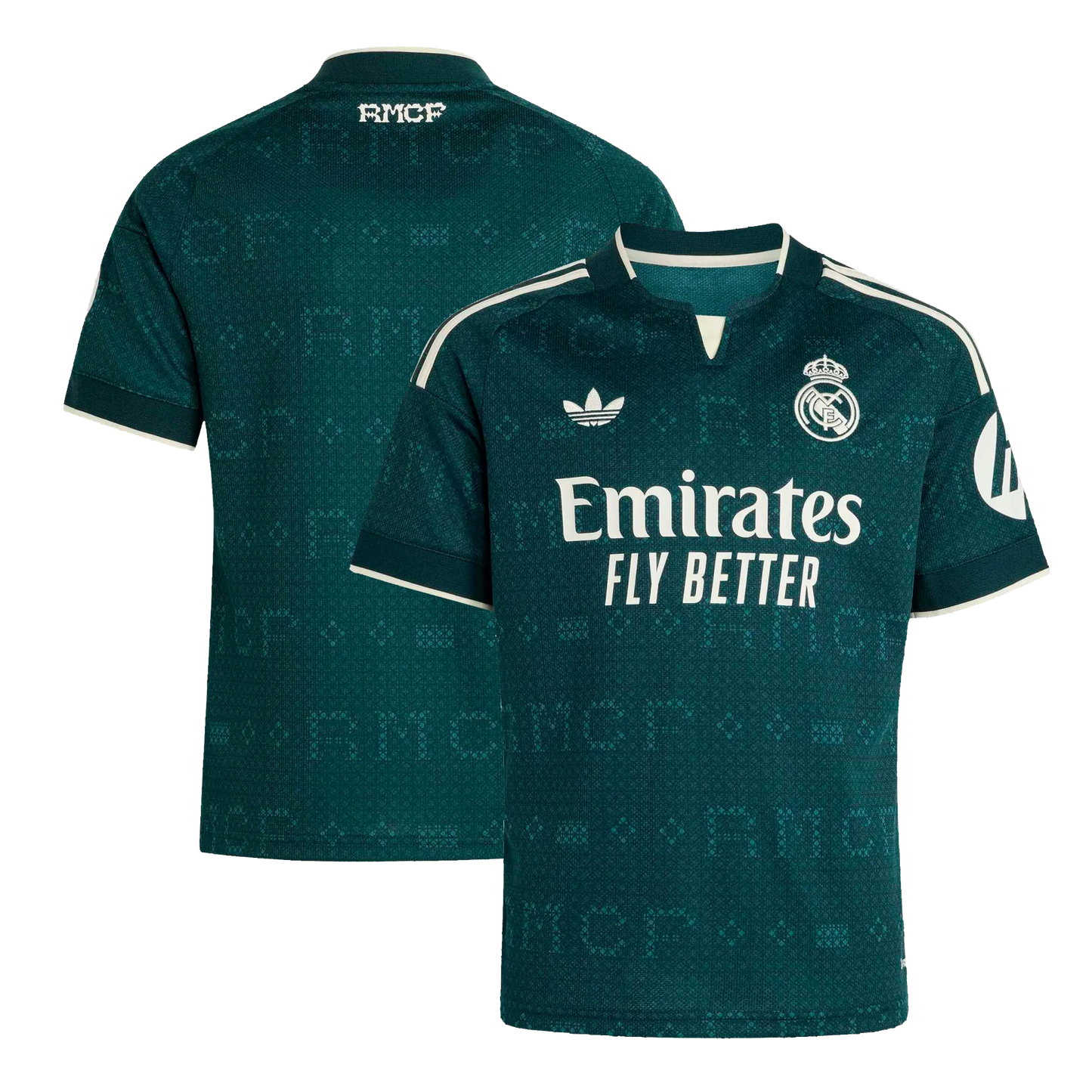Front and back view of kids Real Madrid 2026-2027 away green stadium replica jersey by Final Third Kit