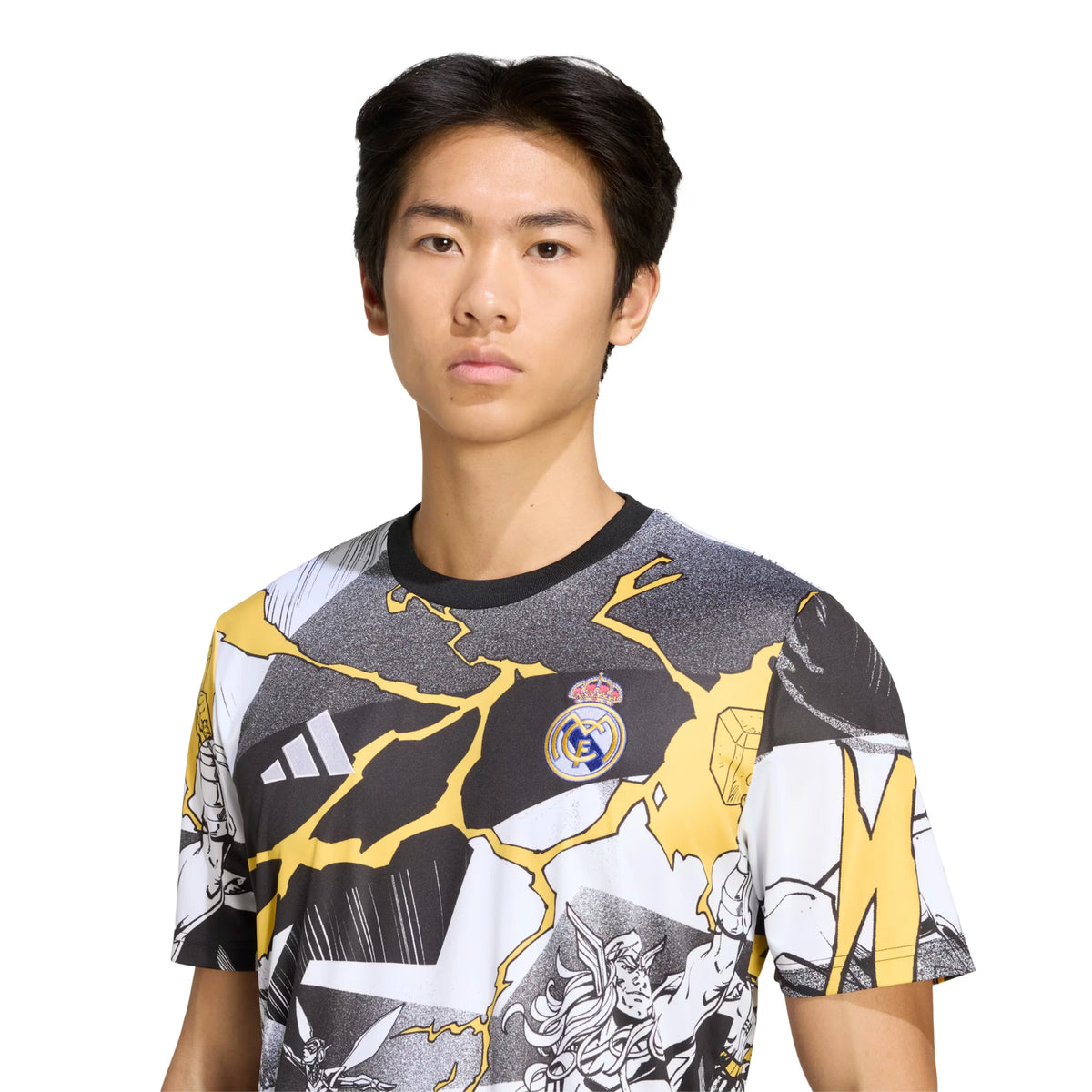Person wearing a sports jersey with visible branding on a white background