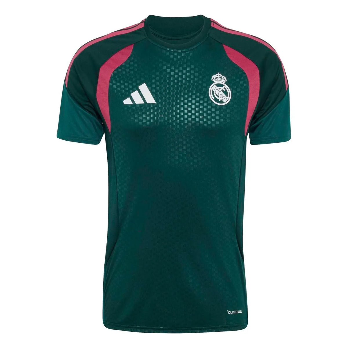 A dark green Real Madrid soccer jersey by Adidas, featuring pink shoulder stripes, a white Adidas logo on the right chest, and the Real Madrid crest on the left chest, set against a plain white background.