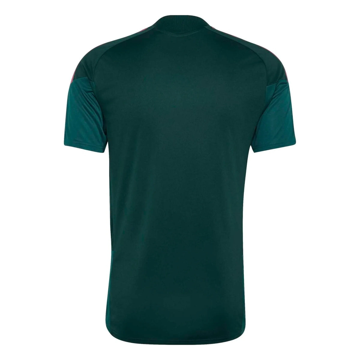 A dark green athletic t-shirt shown from the back, featuring solid dark green fabric on the main body and a slightly lighter teal-green contrast panel on the short sleeves, set against a plain white background.