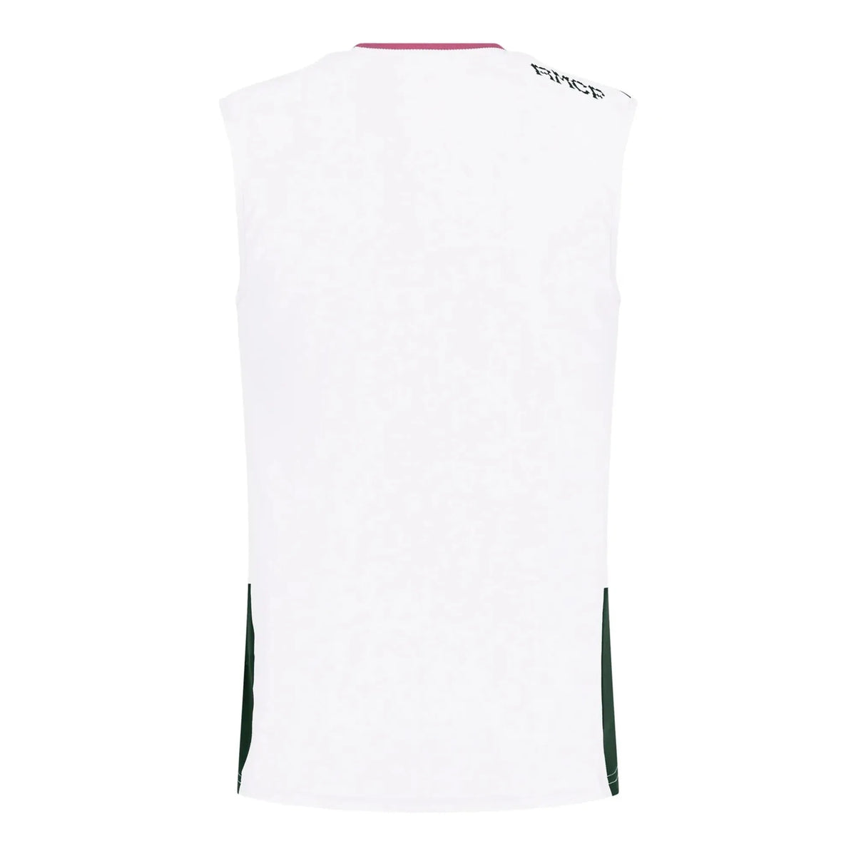White sleeveless athletic jersey shown from the back, featuring a subtle tonal pattern, a pink inner collar, and dark green side panels near the hem.