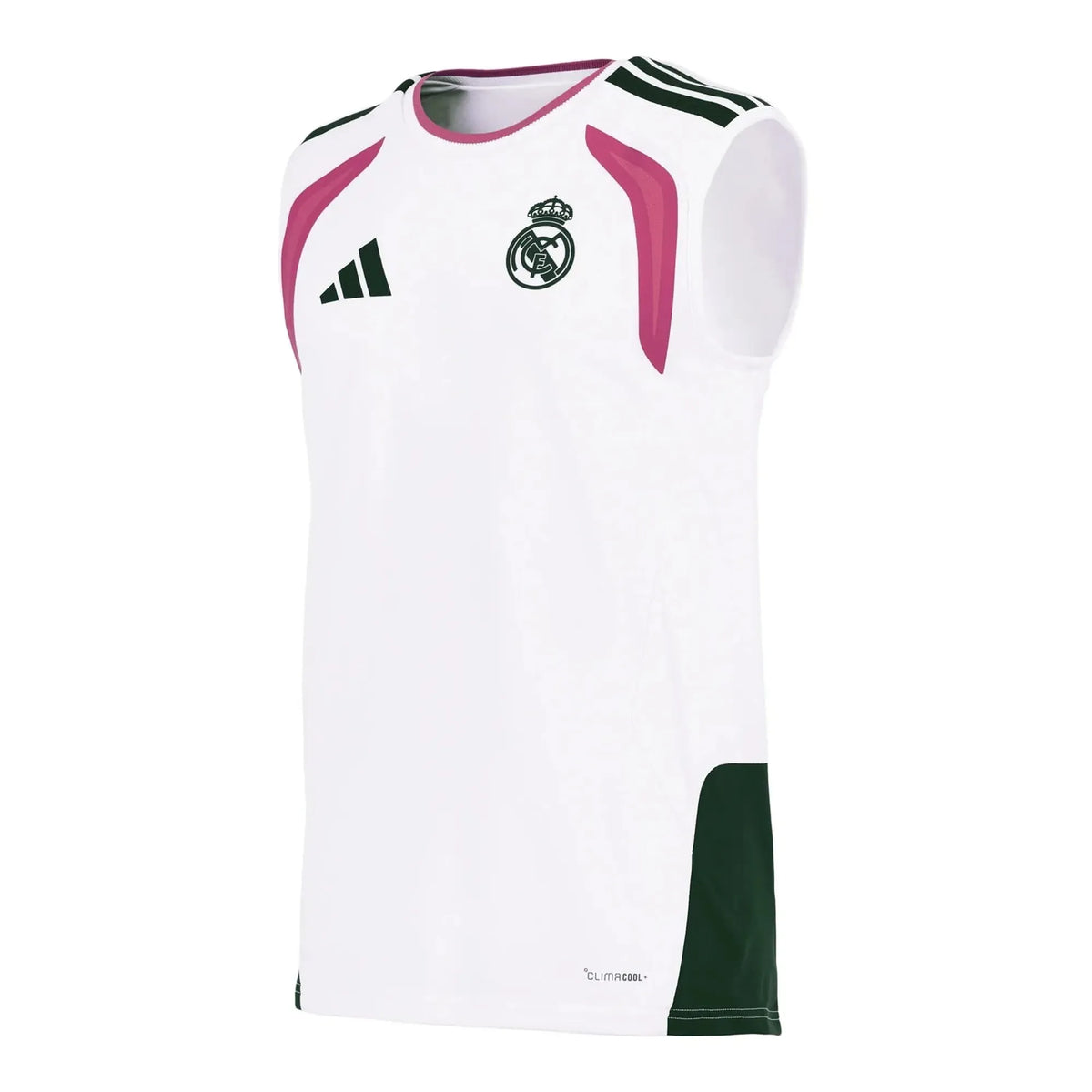 A white sleeveless Real Madrid soccer jersey with pink and green accents, featuring the Adidas logo and Real Madrid crest on the chest.