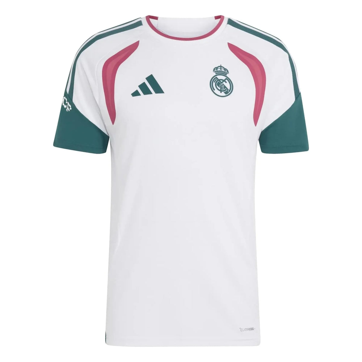 A white Real Madrid soccer jersey by Adidas, featuring dark green sleeves and shoulder stripes, pink shoulder accents, the green Adidas logo on the right chest, and the Real Madrid crest on the left chest.