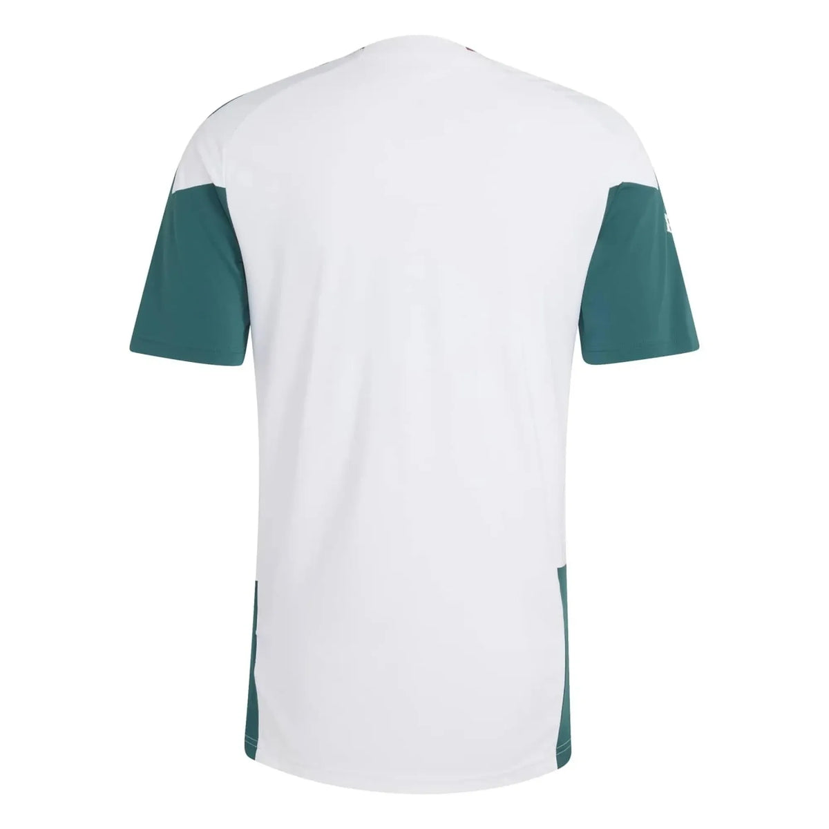 White short-sleeve athletic jersey with teal green color-blocked shoulder and side panels, shown from the back on a plain white background.