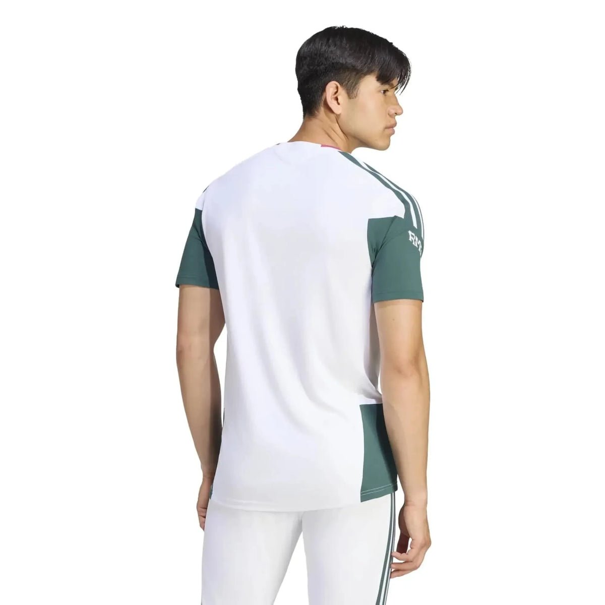 A man wearing a white and dark green athletic t-shirt, shown from a rear three-quarter view against a plain white background.