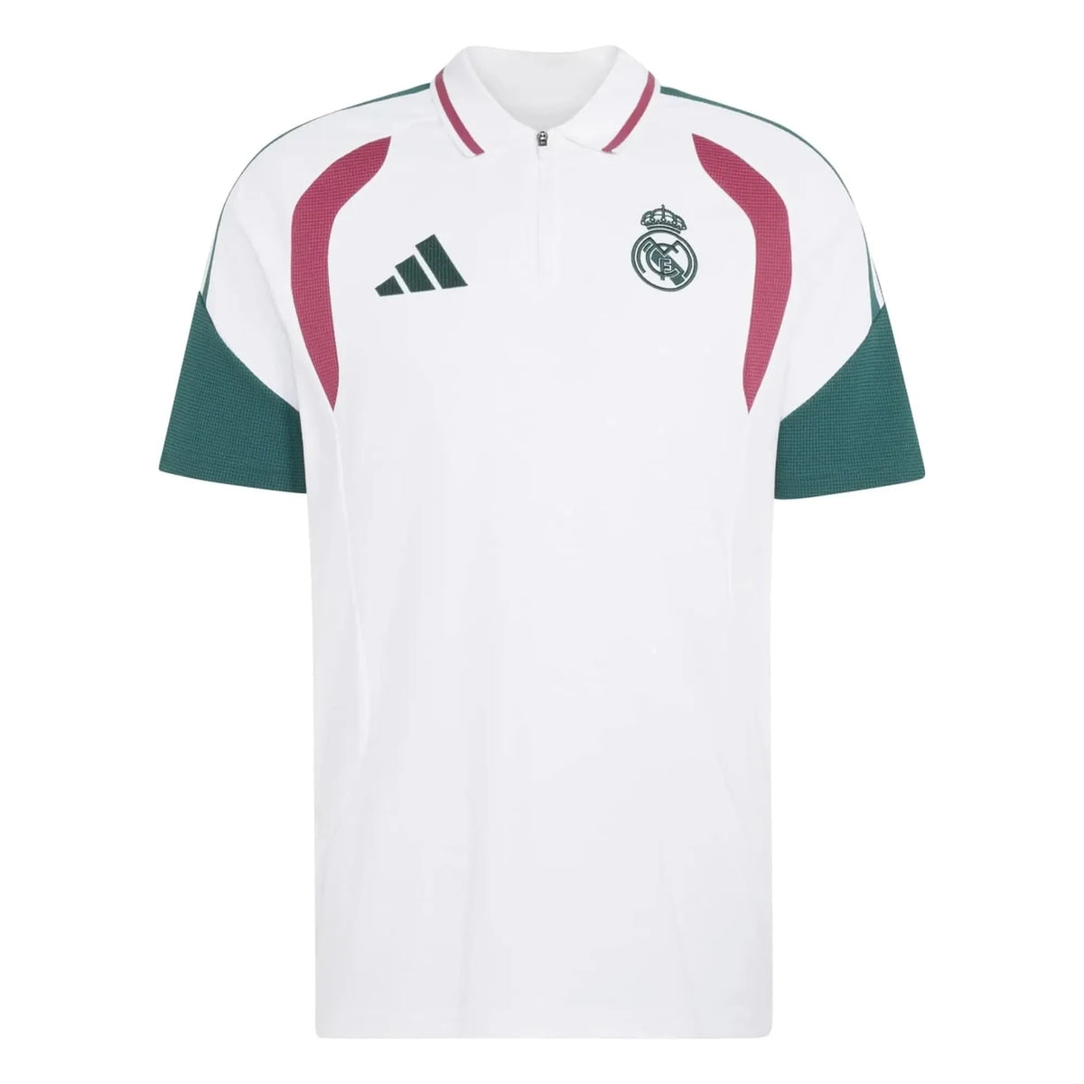 A white Real Madrid short-sleeve polo training shirt by Adidas, featuring dark green sleeves, magenta shoulder panels, and the club's crest on the chest.