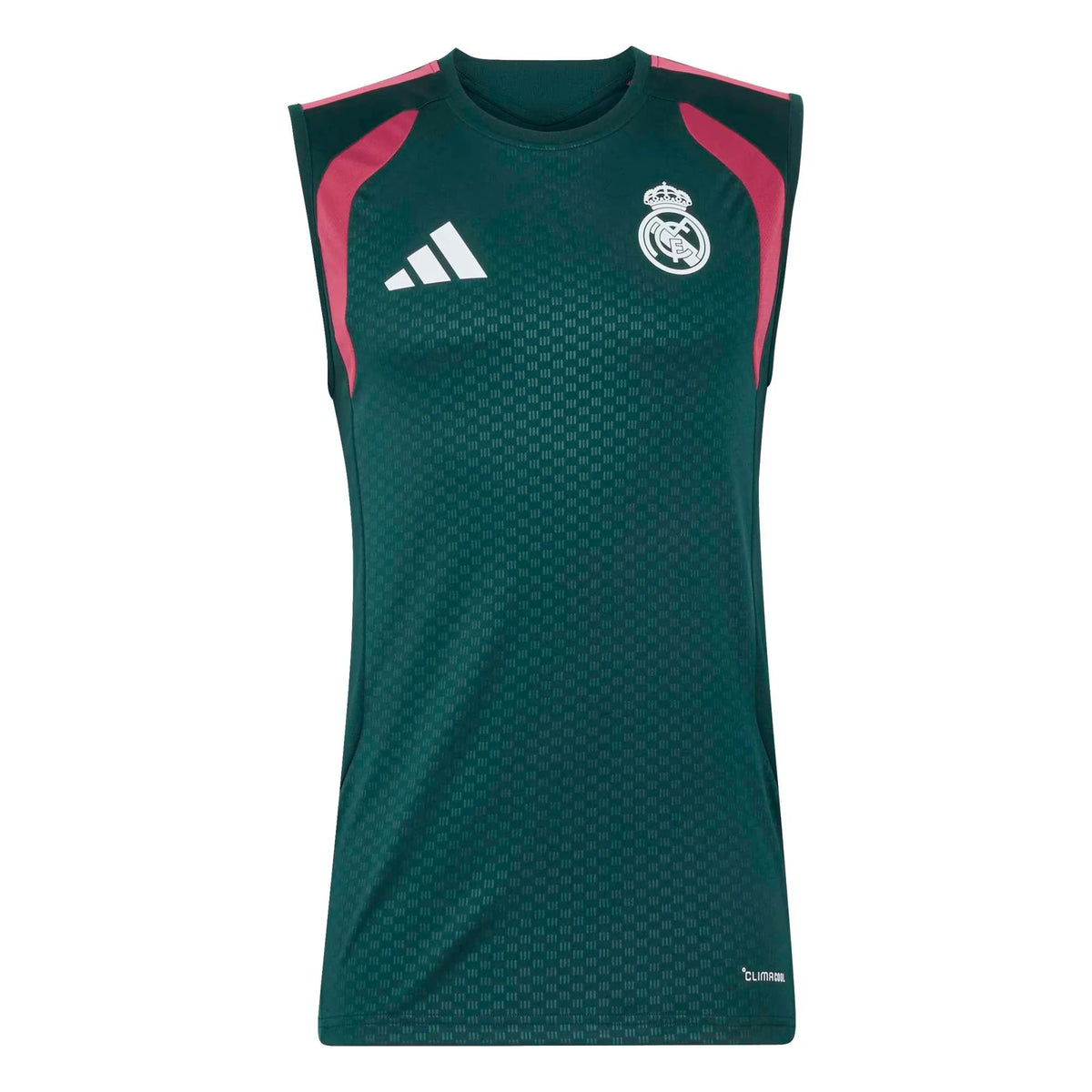 A dark green sleeveless Real Madrid training jersey by Adidas, featuring pink shoulder accents, a white Adidas logo, and the Real Madrid crest on the chest.