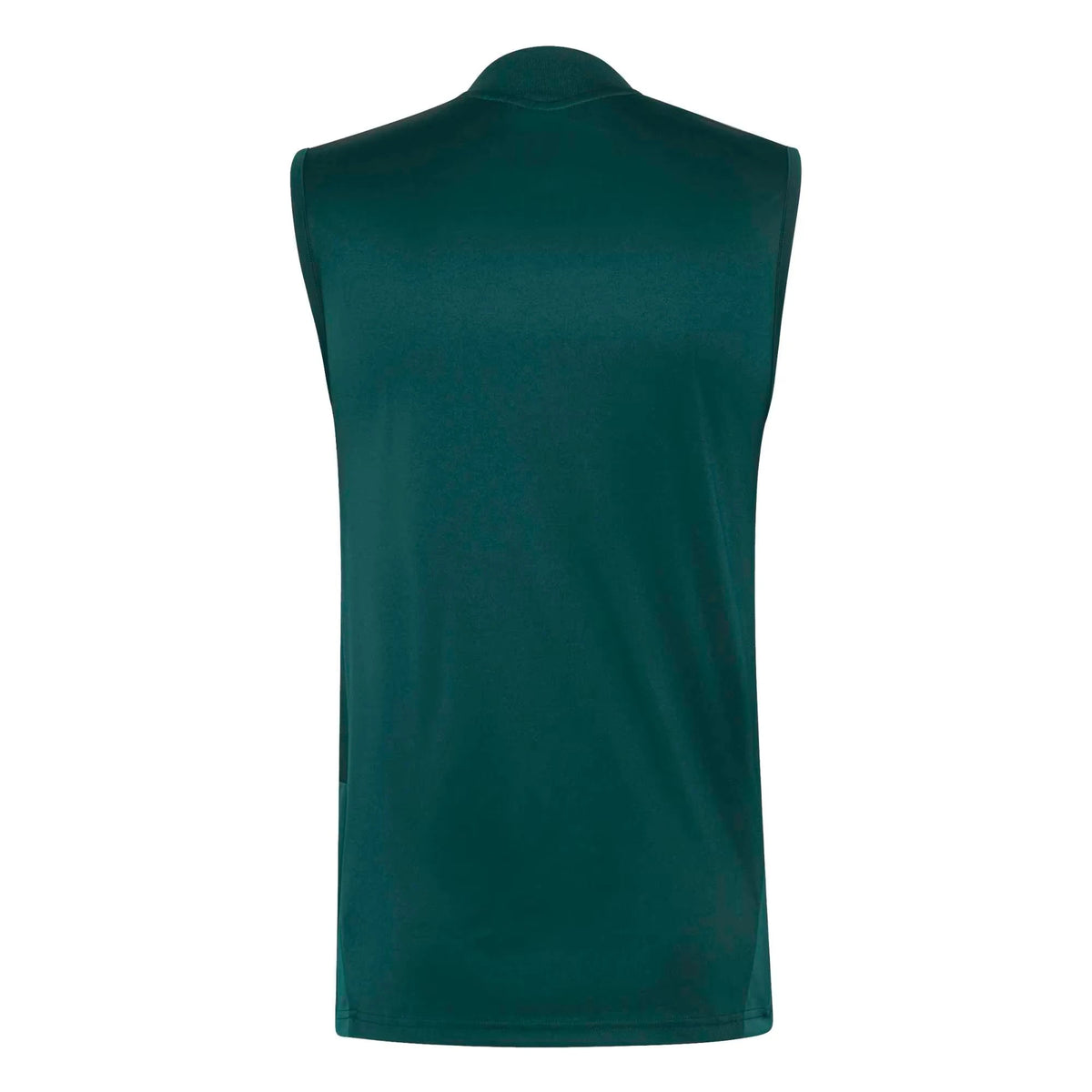 A dark green sleeveless athletic top with a mock neck, shown from the back on a plain white background.